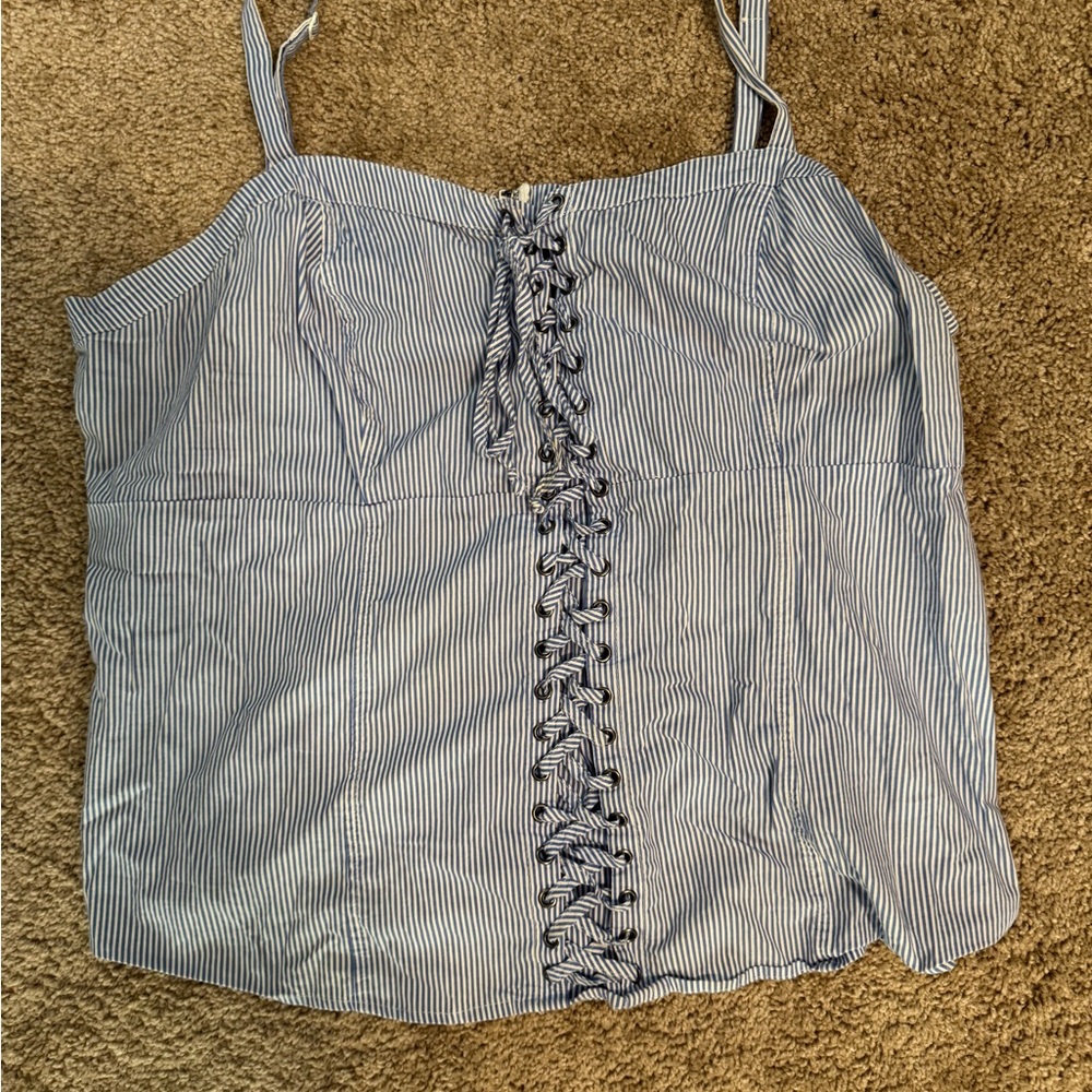 Torrid Blue and White Striped Camisole with Lace-Up Detail